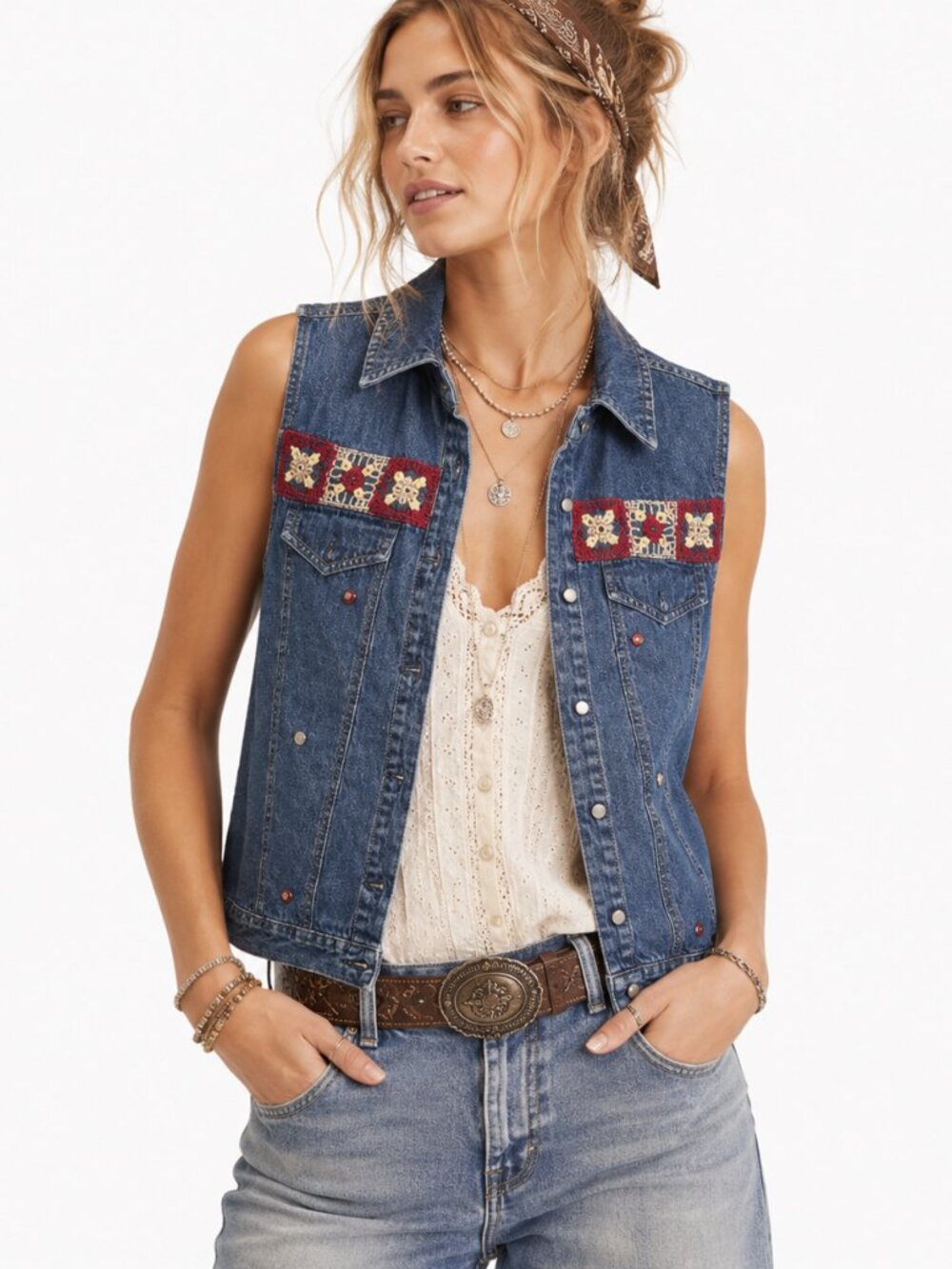 Vintage Lemon Grass Denim Vest Womens M Embroidered Patchwork Boho Western